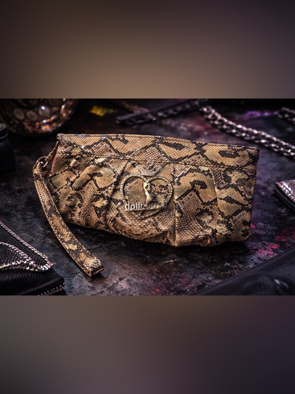 DOLLHOUSE- SnakeSkin faux leather wristlet